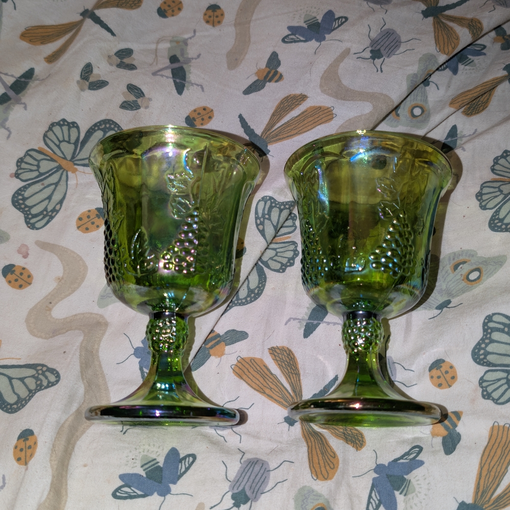 Elegant Green Carnival Glass Goblets